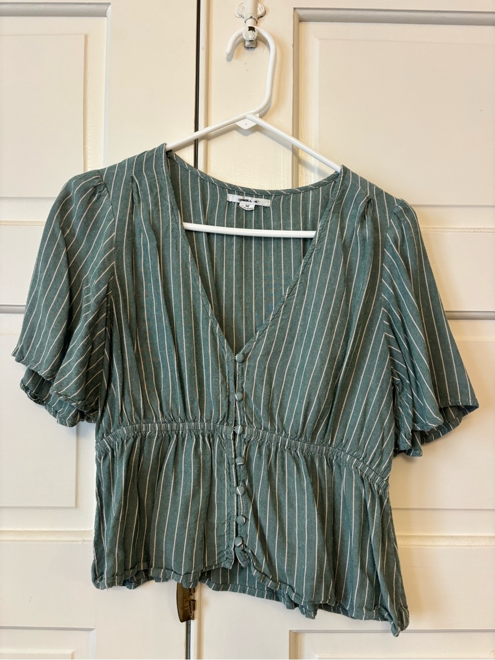 O'Neill Green Striped V-Neck Peplum Button-Front Top